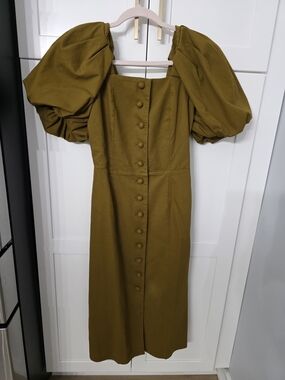 Sea New York Olive Puff-Sleeve Button-Front Midi Dress, Size 4